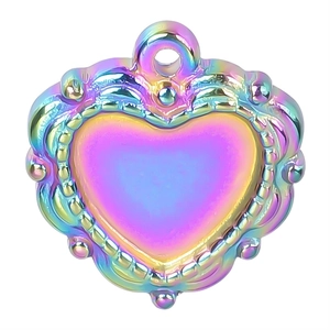 Pendentif cœur arc-en-ciel en acier inoxydable plaqué or 18 carats avec cadre orné