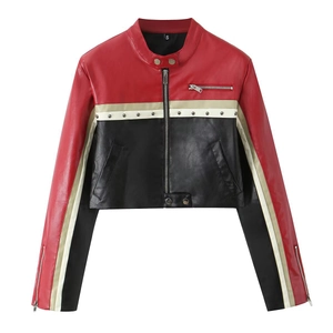 Women's cropped PU leather biker jacket with red and black color-block and metal studs