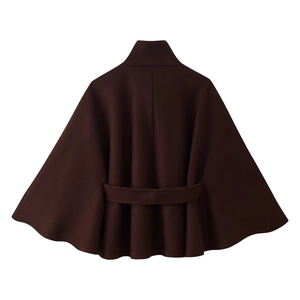 Rear view detail of dark brown wool poncho coat with high collar and decorative back belt