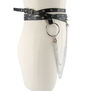 Women's black leather waist belt with silver grommets, O-ring and layered metal chains