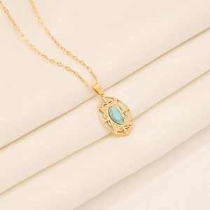 Vintage gold stainless steel necklace with turquoise natural stone oval pendant