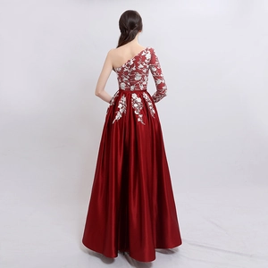 Elegant wine red satin one-shoulder evening gown with white floral embroidery and long sleeve