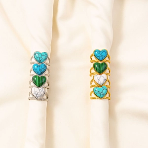 304 stainless steel open rings with heart stones and braided texture in gold and silver