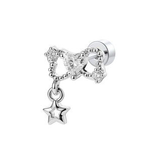 Silver bow heart stud earring with star pendant and clear cubic zirconia stones