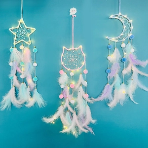 Handmade Dream Catcher Wall Hanging Macaron Feather Beads Star Moon Heart Shape Led Light Gift Girls Room Decor