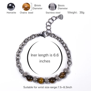 Men's natural tiger eye and hematite beaded bracelet with 8mm stainless steel beads