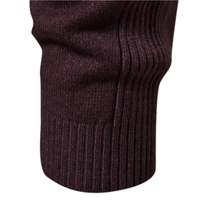 Deep purple ribbed knit sweater cuff detail on high-quality thick warm turtleneck for men