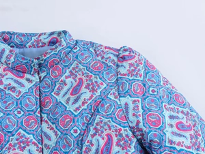Detail of stand collar and quilted paisley print on vintage style women jacket
