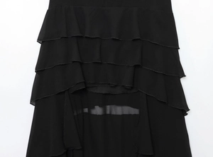Detailed view of black tiered chiffon layers and ruffled hem on this midi dress