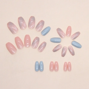 Short ballet press-on nails with pink-blue marble swirl design and glossy jelly finish