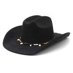 Black suede cowboy hat with ethnic shell and wooden bead decorations, outdoor casual style