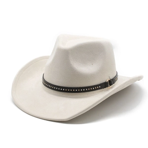 Classic cream western cowboy hat with studded leather belt and metal buckle detail