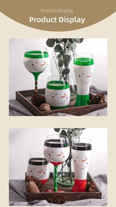 Detail of hand-painted snowman glassware set with festive scarves and winter decorations