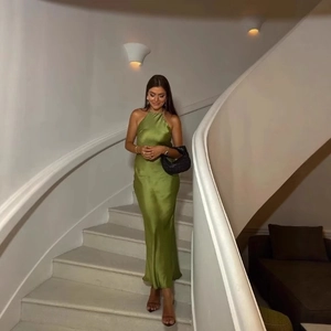 Satin Halter Maxi Dress Backless Sleeveless Solid Color Elegant Party Long Dress For Women