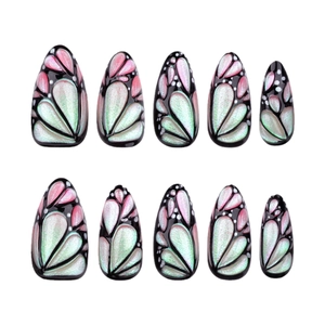 3D butterfly laser gradient press-on nails with long pointed shape in black and pink