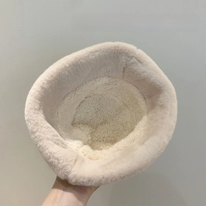 Plush beige teddy bear fisherman hat for infants featuring soft thick winter fleece lining