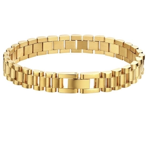 Golden stainless steel watch-style bracelet with adjustable links and folding clasp