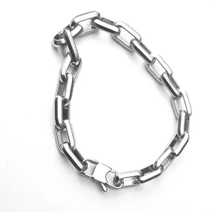 Polished silver stainless steel rectangular Cuban chain bracelet with lobster clasp closure