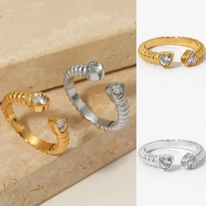 Heart Stainless Steel Ring Zirconia Threaded Band Adjustable Open Design Waterproof Fashion Jewelry For Women