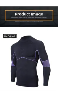 Detail of men's black compression shirt with purple stitching and breathable mesh fabric