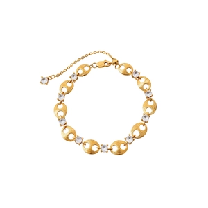 Gold plated oval chain link bracelet with sparkling cubic zirconia stones and extender