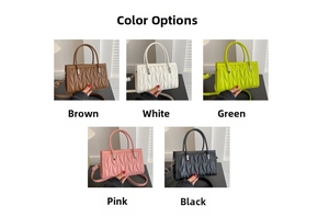 Detail grid showing quilted V-pattern handbags in brown, white, green, pink, and black