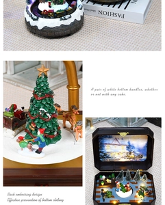 Detail view of resin Christmas ornament with rotating train and LED glowing light box