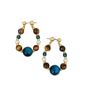 Vintage tiger eye and pearl beaded drop earrings in retro gold finish for women