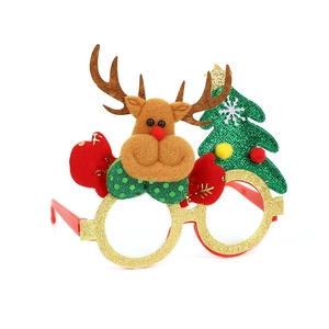 Christmas party glasses with brown reindeer antlers and green snow-covered trees