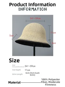 Size chart showing dimensions for a beige woven bucket hat with 100% polyester fabric