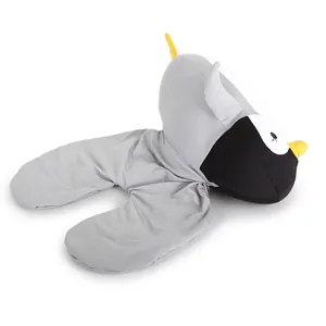 Convertible penguin U-shaped travel neck pillow with foam particles and soft grey fabric