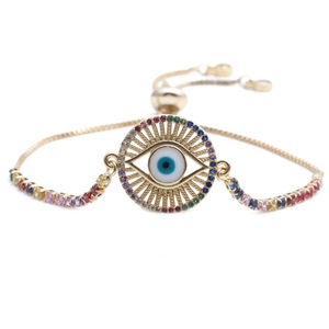 Adjustable gold evil eye chain bracelet with colorful cubic zirconia inlay stones