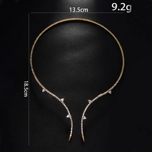 Minimalist gold collar necklace with white rhinestones and specific size measurements
