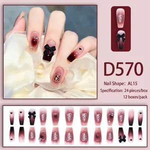 Press-on nail set featuring black and red gradient design with 3D bows and rose textures
