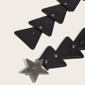 Vintage black PU leather belt with triangle metal plates and silver star buckle