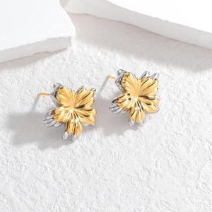Minimalist vintage geometric two-tone flower stud earrings in gold and silver finish