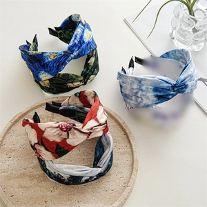 Vintage Fabric Twisted Headbands For Women Oil Painting Floral Print Wide Cross Hair Bands Retro Accessories
