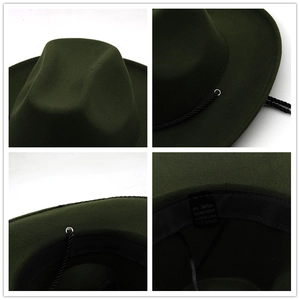Dark green wide brim wool jazz fedora hat with woven rope band and metal eyelet details