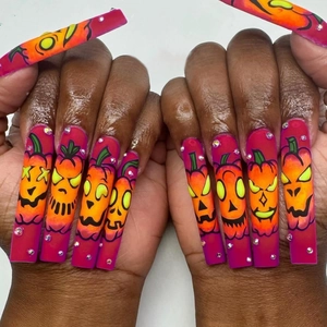 Halloween Press On Nails Long Coffin Faux Ongles Rose Rouge Orange Citrouille Graffiti Avec Strass Décor Nouveauté