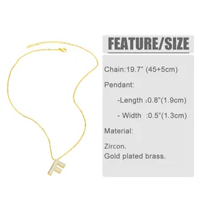 Detailed size chart for the gold F letter necklace showing pendant and chain dimensions