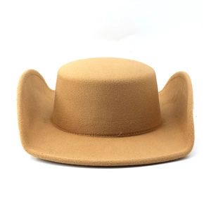 Detail of classic camel felt flat top hat with curved brim and fine stitched edges
