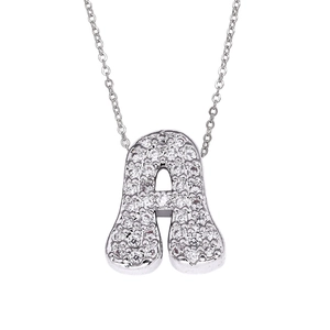 Detail shot of capital letter A pendant necklace with pavé cubic zirconia in silver plating