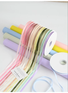 Close-up of colorful 1cm silk ribbons with a decorative birthday card on gift wrapping