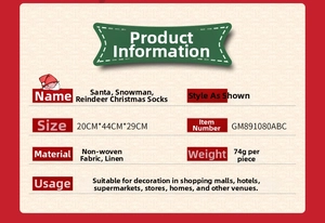 Detailed size chart for linen Santa Claus and Snowman Christmas stockings 20x44x29cm