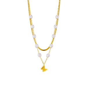 Double-layered gold butterfly necklace featuring elegant pearls and a sleek snake chain