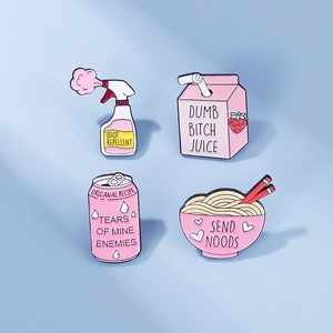Pink cartoon enamel pins set featuring strawberry milk, ramen bowl, and spray bottle