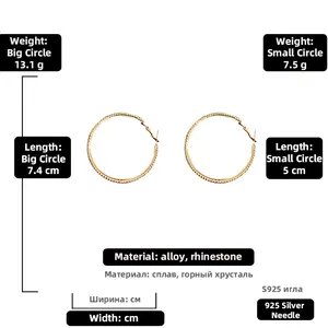 Detailed view of gold rhinestone hoop earrings in 7.4cm and 5cm sizes with 925 silver needles