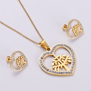 Detailed close-up of golden Tree of Life heart pendant necklace and matching stud earrings