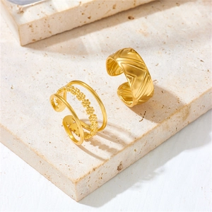 Adjustable gold plated stainless steel wide geometric band and layered stacking rings