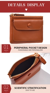 Detail view of brown leather coin purse with snap pocket and gold hardware